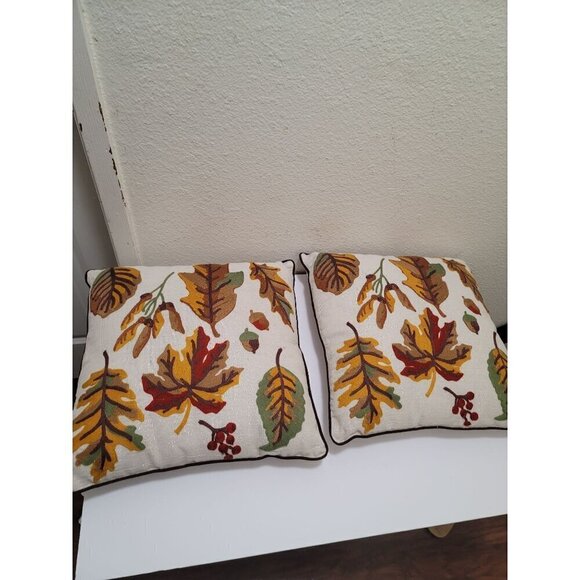 Set Of 2 Autumn Embroidery Leaf Pattern Throw Pillow Covers With Piping 16" Squa - Picture 1 of 6
